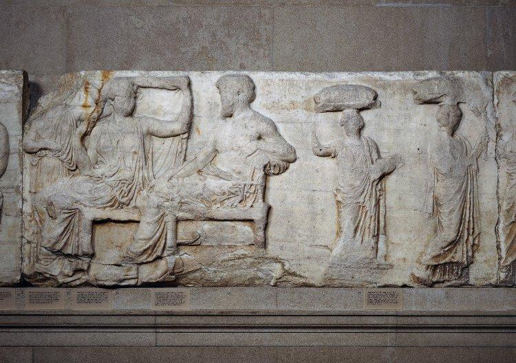 Block V showing Zeus And Hera, East Parthenon frieze, 438 - 432 BC, Designed by Pheidias, Athens, Greece
