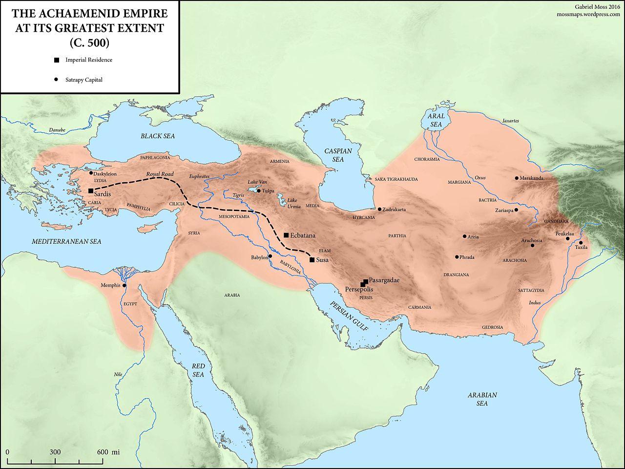 A map of the Achaemenid Persian empire at its greatest extent, during the reign of Darius I around 500 BC