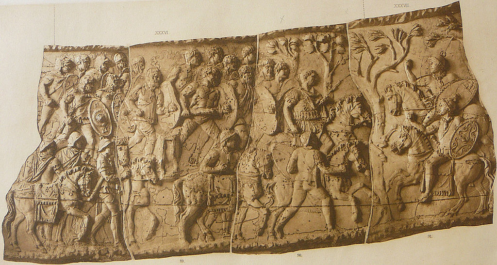 Forced march of light troops (Scene XXXVI); Cavalry battle against Sarmatians (Scene XXXVII); Trajan's Column, 113 AD, Rome