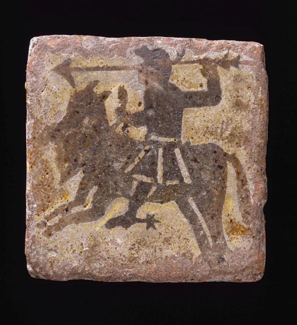 Inlaid tile showing a horseman brandishing a spear, 15th century, Burgundy, France