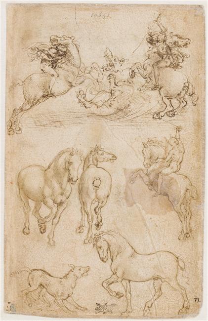 Studies of the horses and horsemen, 781DR recto, cr. 1480, Leonardo da Vinci