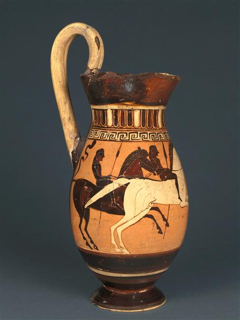 Olpe with the depiction of two horsemen, cr. 575-550 BC, Corinthian