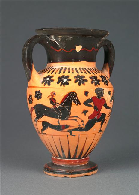 Amphora with horse riders, a man, a snake and two roosters, cr. 560-540 BC, Reggio di Calabria