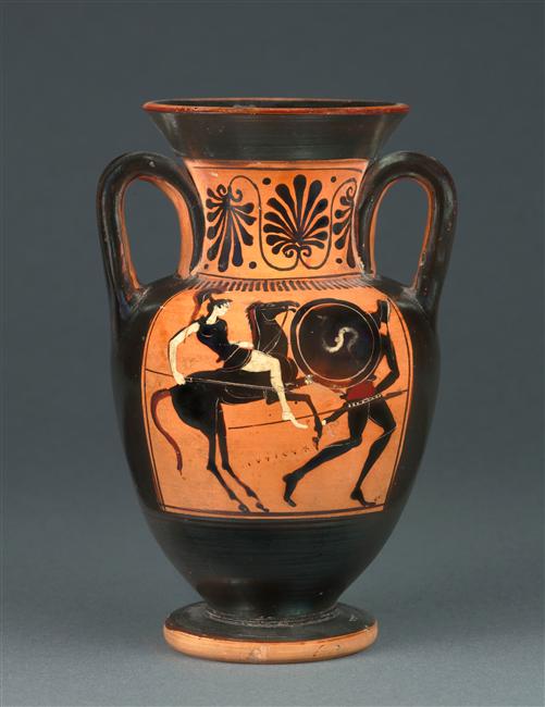Neck-amphora with the depiction of combat on an Amazone and a hoplite, cr. 500-490 BC, Attica