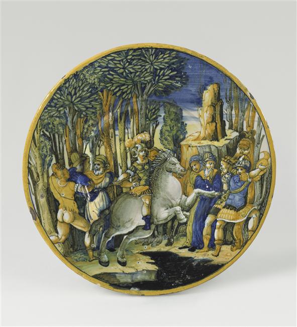 Maiolica plate showing Marcus Curtius leaping into the abyss, 1545, Urbino