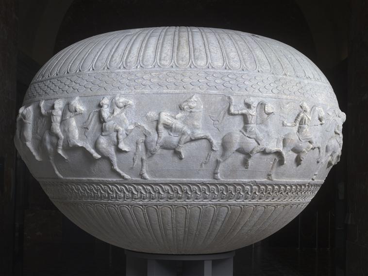 Pergamon vase, a marble dinos with a depiction of 15 horsemen, 2nd century BC, Bergama, Turkey