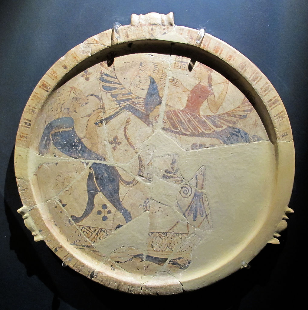 Plate with a depiction of Chimera and Bellerophon on Pegasus, cr. 650 BC, Thasos, Ancient Greece