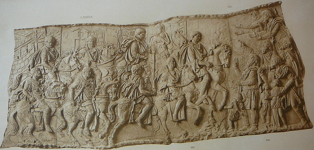 Forced march of Trajan on horseback (Scene LXXXIX); Trajan is greeted by some barbarians (Scene XC); Trajan's Column, 113 AD, Rome