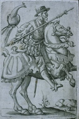 Playing card, the horse of peacocks, cr. 1550, Virgil Solis, Nuremberg, Germany
