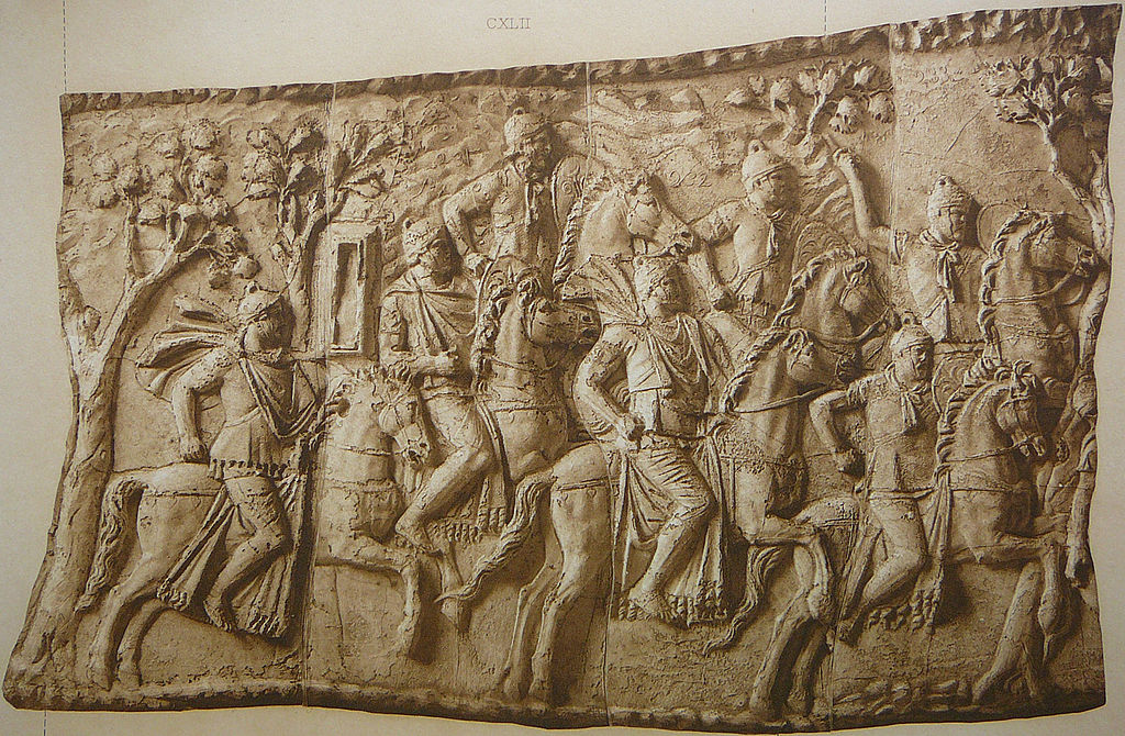 Roman cavalry in the mountains (Scene CXLII); Fight between pursuers and pursued (Scene CXLIII); Trajan's Column, 113 AD, Rome