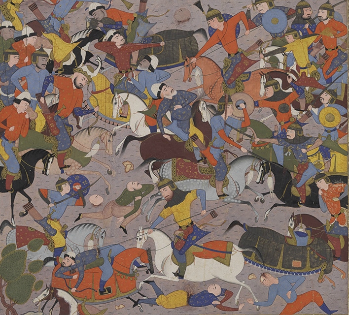 Giv Charges into Battle against Piran, illustration of the Book of Kings by Ferdawsi, cr. 1589–90, Shiraz, Persia