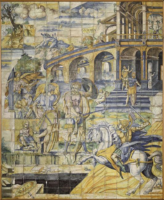 Earthenware tiles showing Marcus Curtius leaping into the abyss, 1542, Abaquesne Masséot, France
