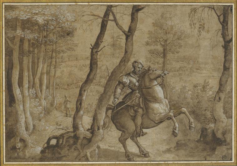 Rider on a rearing horse, in a wooded area, 16th century, after Bernard van Orley, Brussels, Flanders