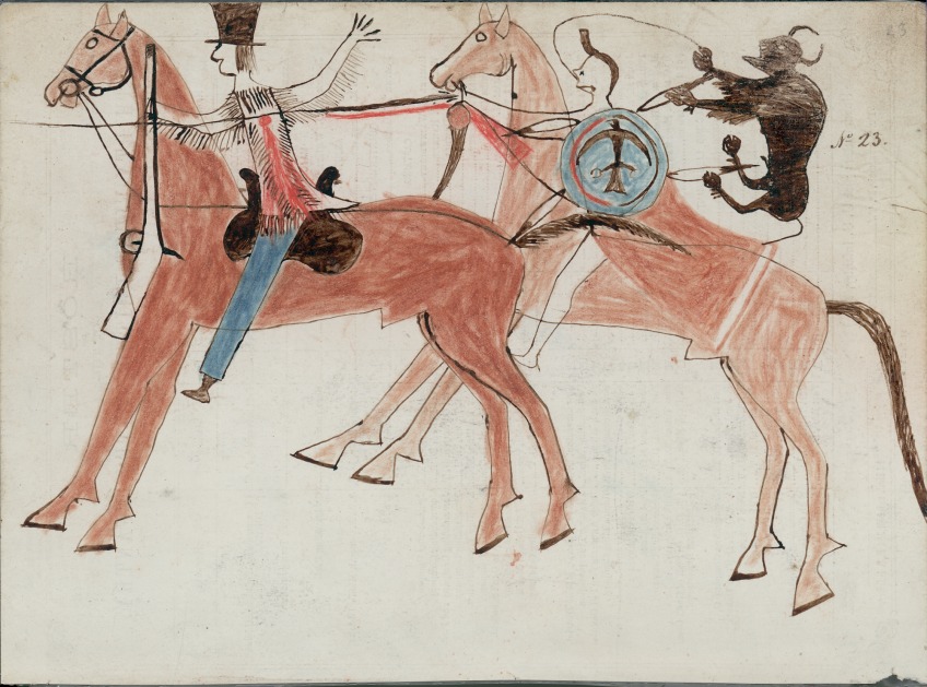 Sitting Bull shooting a mounted White man with a fringed buckskin jacket, 1870, Four Horns, Lakota, U.S.A.