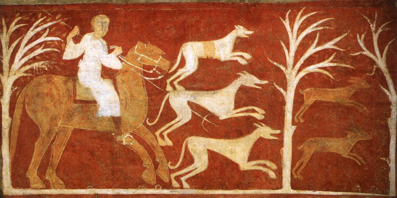 ROMANESQUE ARTHunt of the Hare, fresco painting on mural transferred to canvas, cr. 1125, Hermitage of San Baudelio, Casillas de Berlanga, Soria, Spain