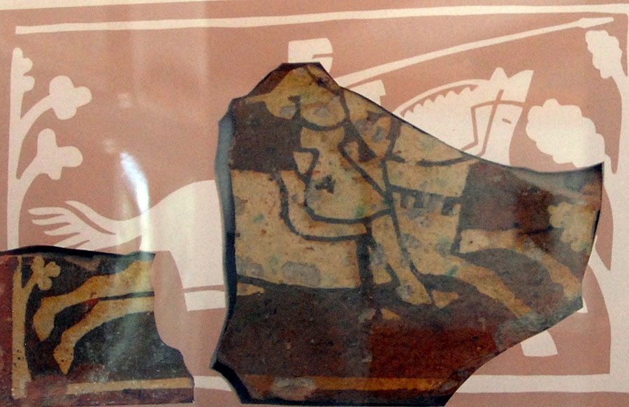 An inlaid tile showing Richard I attacking Saladin, medieval, Glastonbury Abbey, U.K.
