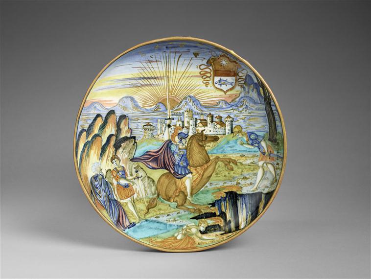 Maiolica plate showing Marcus Curtius leaping into the abyss, 1538, Urbino