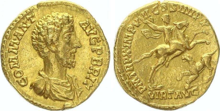 Aureus showing Commodus on horseback spearing a panther on reverse, minted in 184-5 under Commodus, Roman empire
