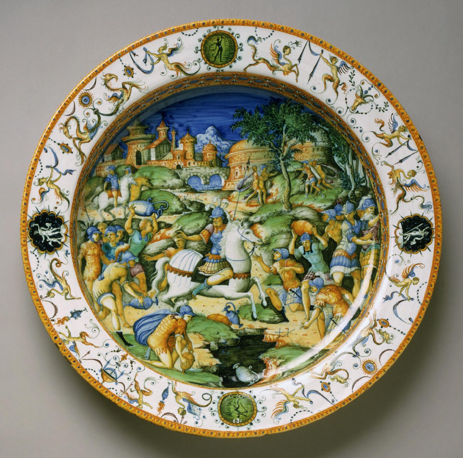 A maiolica plate showing the sacrifice of Marcus Curtius, cr. 1560-1570, workshop of Guido Durantino or of Orazio Fontana, Urbino