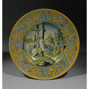 Plate depicting the good Roman Curtius in his grim act devotion, cr. 1550, Italy