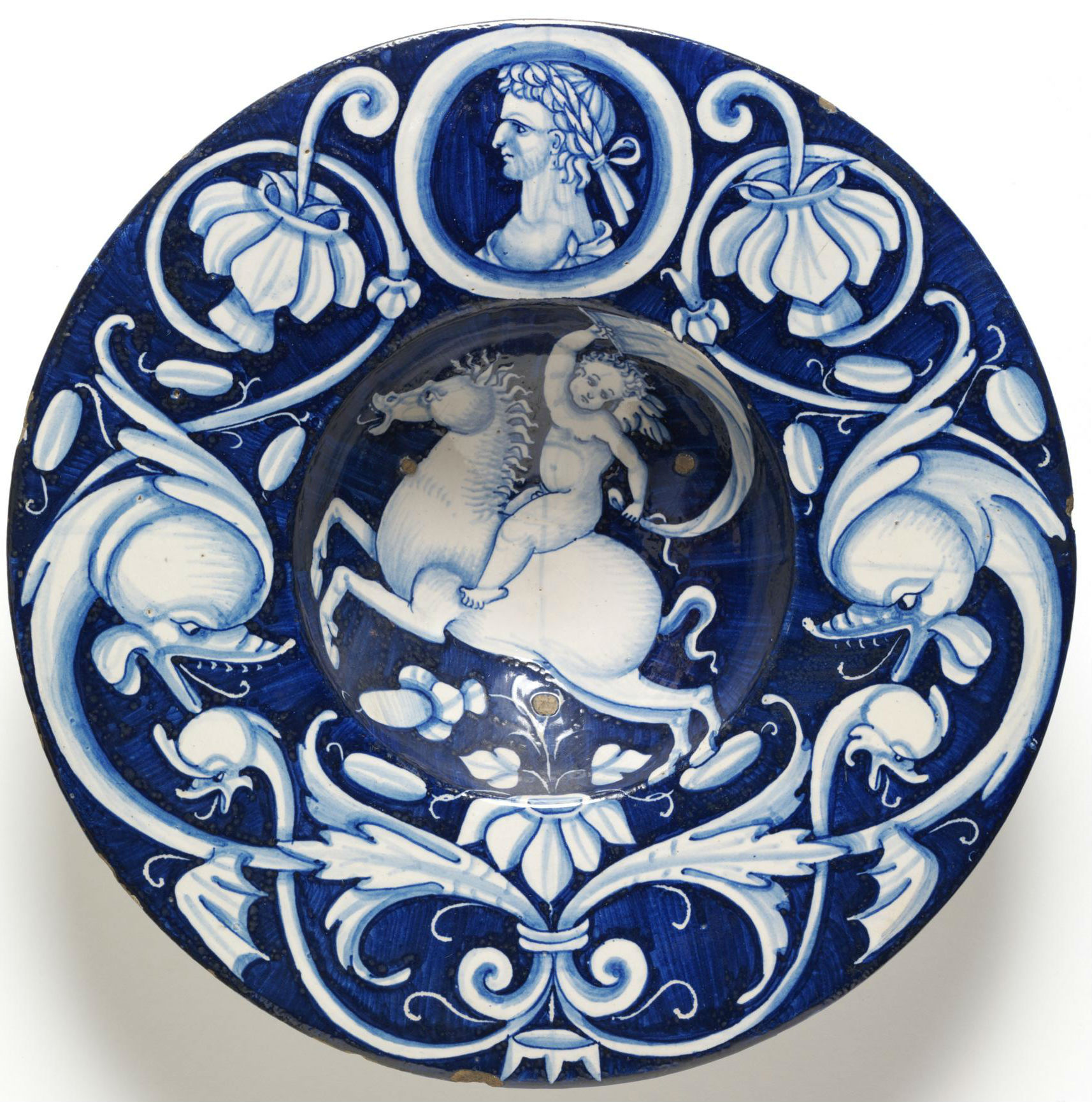 Bowl with a naked boy holding a sail on a galloping horse, 1520-30, possibly Nicola Francioli, Deruta