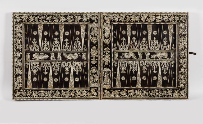 Backgammon board decorated with ebony and carved bone, 1581-1600, probably Augsburg, Germany