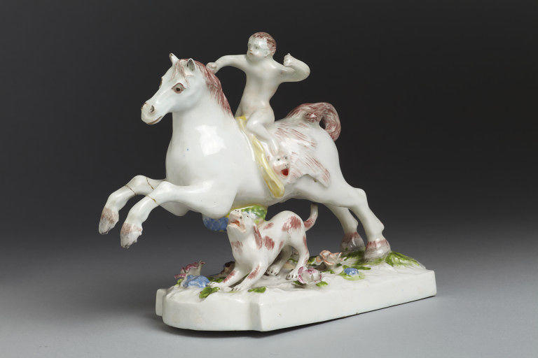 Porcelain group showing a naked boy sitting on a lion's skin on a galloping horse, ca. 1753-1755, Vauxhall porcelain factory, London, Great Britain