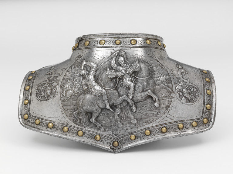 Gorget (armoured collar), back plate shows an officer on a rearing horse killing an enemy, 1600-25, Paris, France