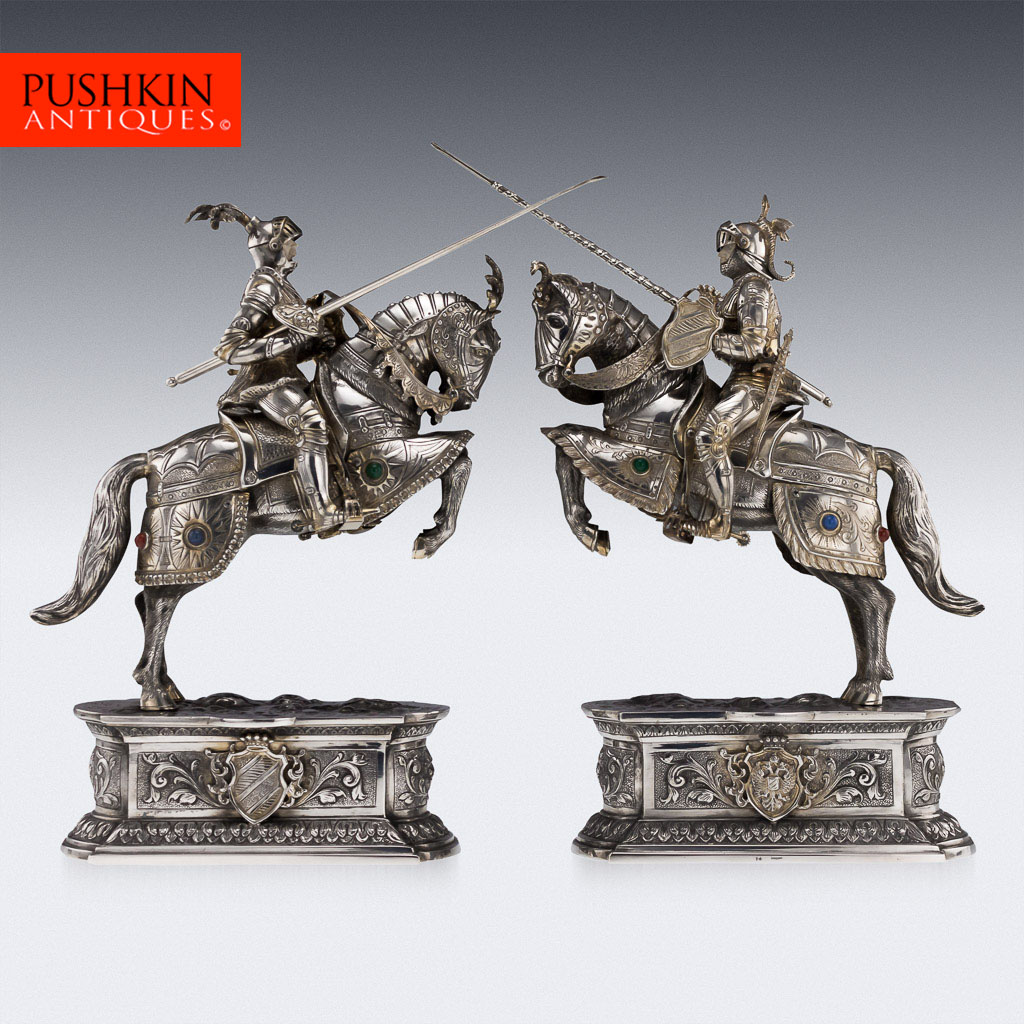 Solid silver pair of knight horseman figures, cr. 1920, Germany