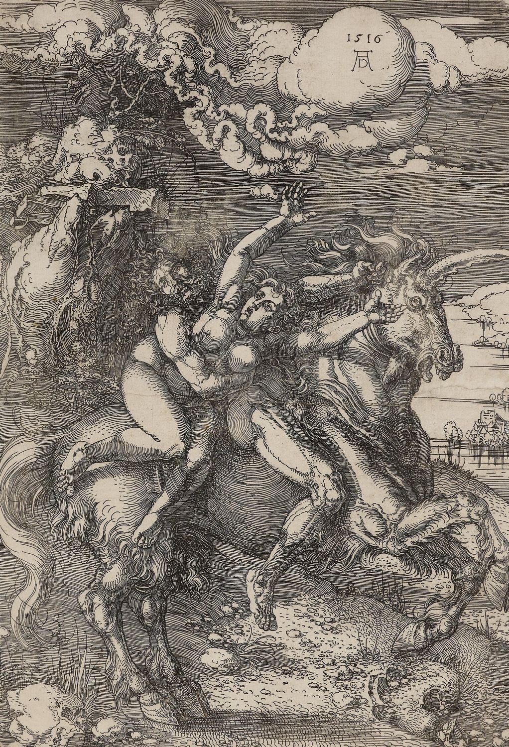 COMPARANDUM: A woman abducted by a man on a unicorn, 1516, Albrecht Dürer, Germany