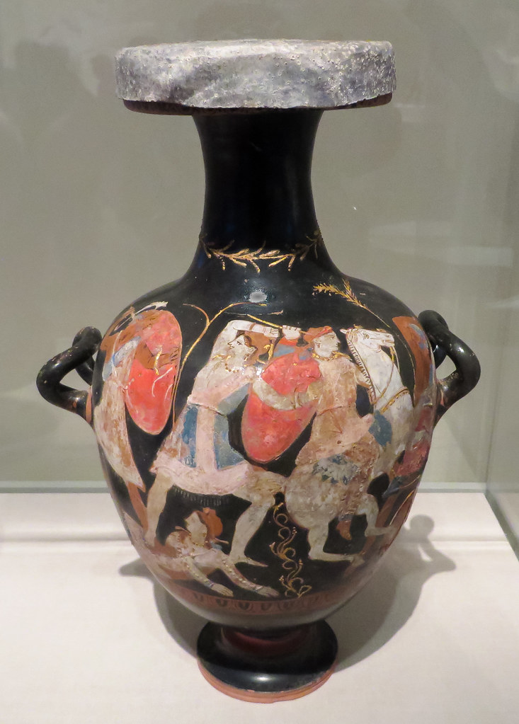 Terracotta hydria showing battle of Greeks and Amazons (Amazonomachy), cr. 325-300 BC, Attic style, Kastri (Amphipolis), Central Macedonia, Greece