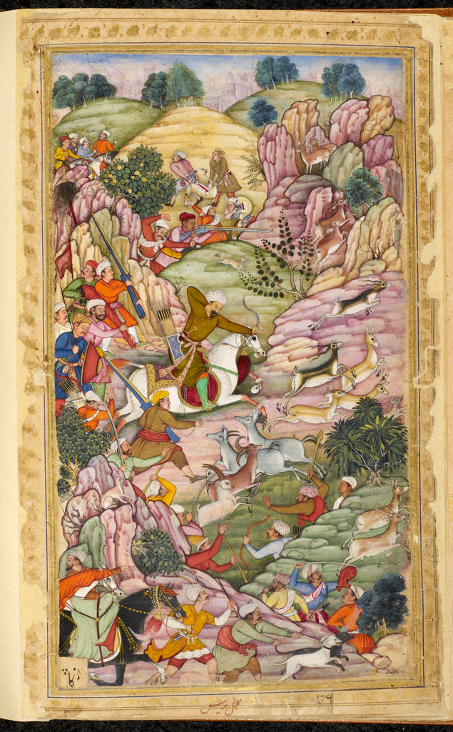 Babur hunting deer between ‘Ali Shang and Alangar near Kabul, cr. 1590, Paras, India