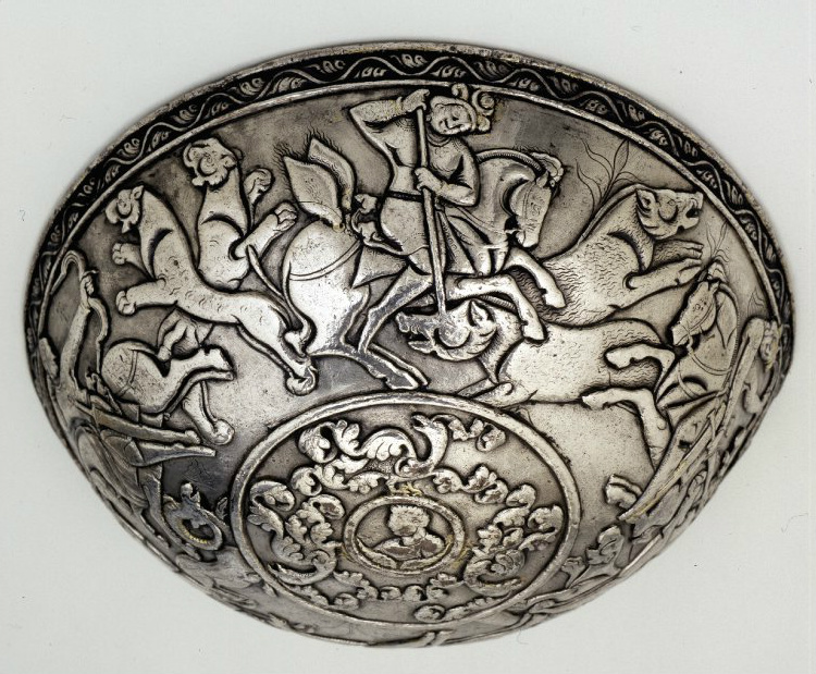 Silver bowl showing four hunters, 460-479, Hephthalite