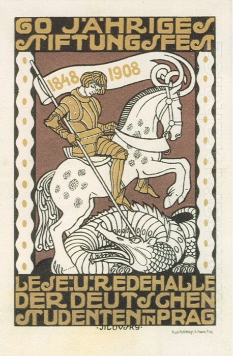 ART NOUVEAUSaint George killing the dragon, colour lithograph (a postcard), 1908, J.Jílovský, Prague, Austro-Hungarian Empire