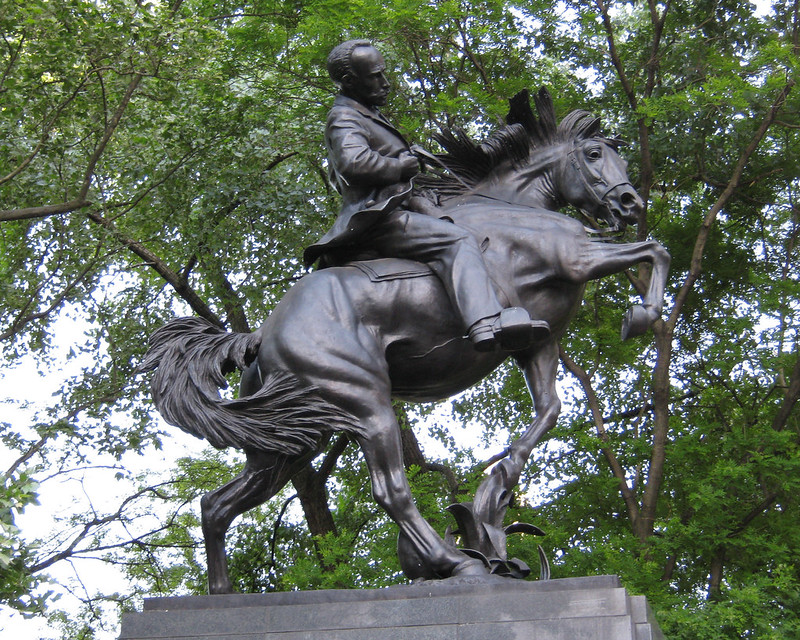Equestrian statue depicting Cuban patriot and author José Martí, cr. 1958, Anna Vaughn Hyatt Huntington, Central Park, New York, U.S.A.
