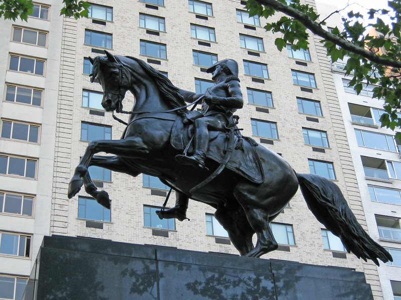 Equestrian statue depicting Argentine general José de San Martín, 1863, replica of a statue by French sculptor Louis Joseph Daumas, Central Park, New York, U.S.A.
