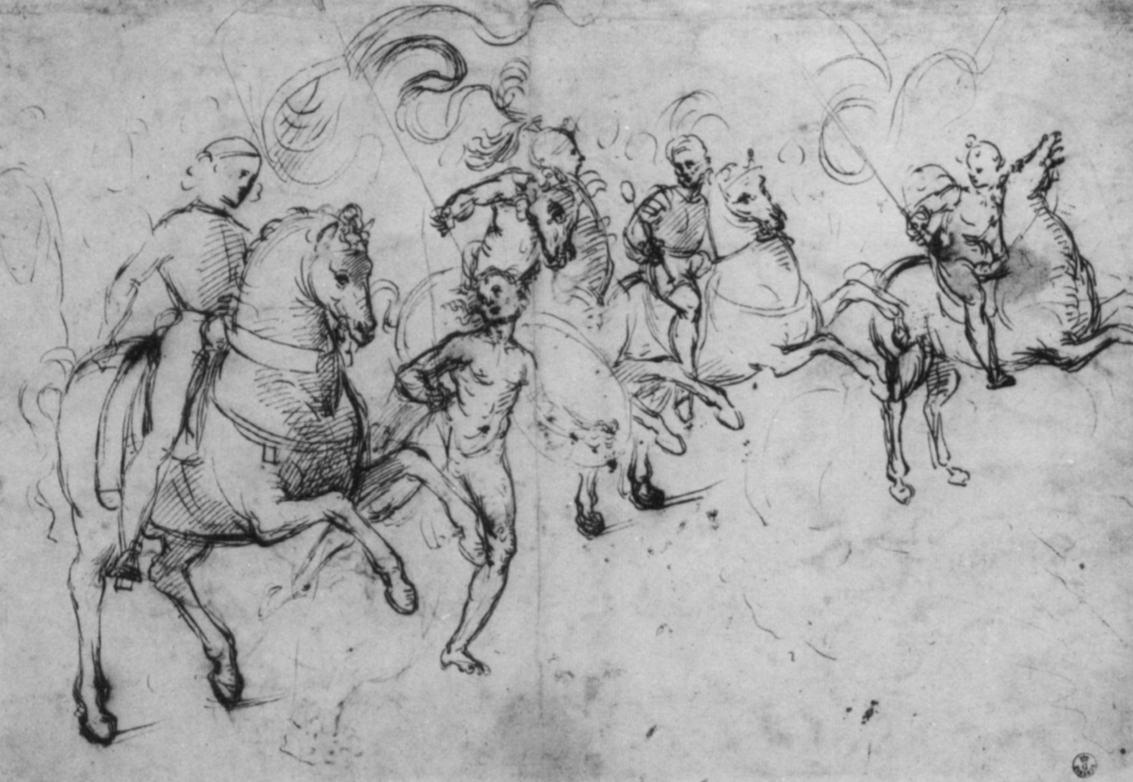Sketch the four horsemen and captive warrior to paint the library Piccolomini in Siena, 1503, Raphael Sanzio, Italy