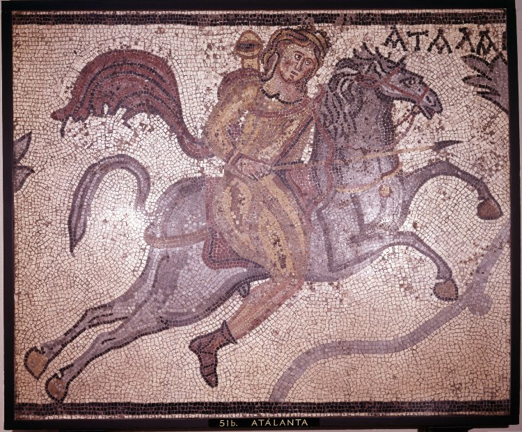 Mosaic showing Atalanta on horseback hunting a lion, 4th century, Villa of Charidemos, Halicarnassus (Bordum), Turkey