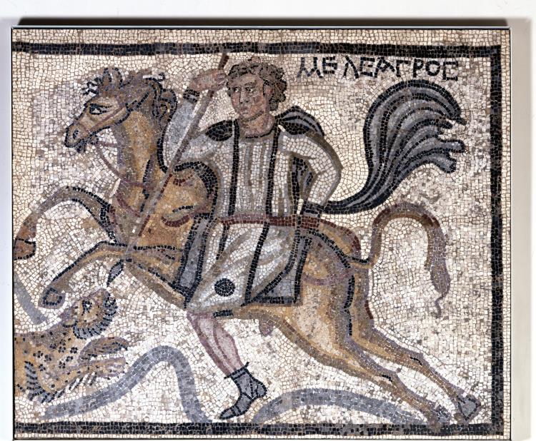Mosaic showing Meleager on horseback spearing a leopard, 4th century, Villa of Charidemos, Halicarnassus (Bordum), Turkey