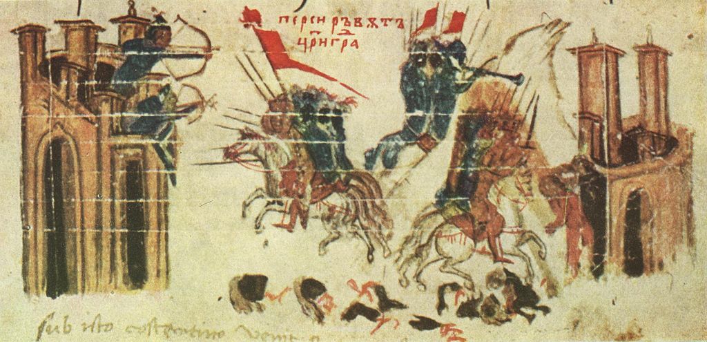 Emperor Heraclius attacks a Persian fortress, while the Persians attack Constantinople, 14th century, Constantine Manasses Chronicle, Byzantine empire