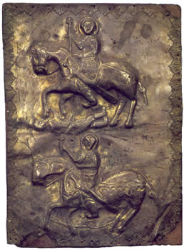 Saint George slaying Diocletian and Saint Theodore slaying a serpent, silver embossing, 10th century