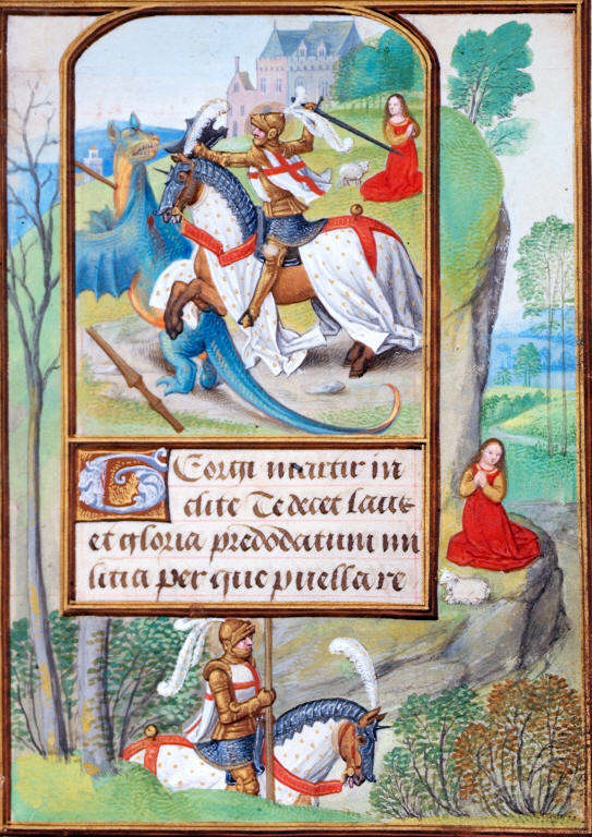 Miniature of George fighting the dragon, with a full border with George passing the king's daughter, cr. 1500, a Book of Hours, Netherlands