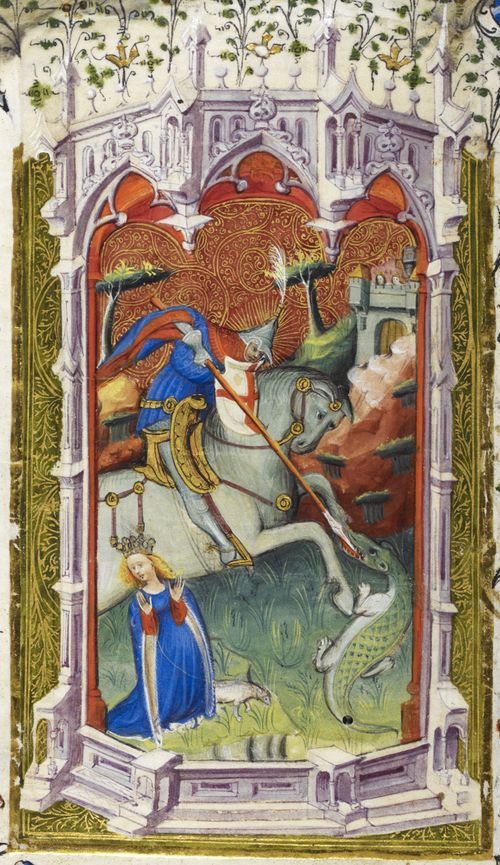 Detail of a miniature of St George and the dragon, from the Beaufort/Beauchamp Hours, cr. 1401, England (London) and Netherlands (Bruges)