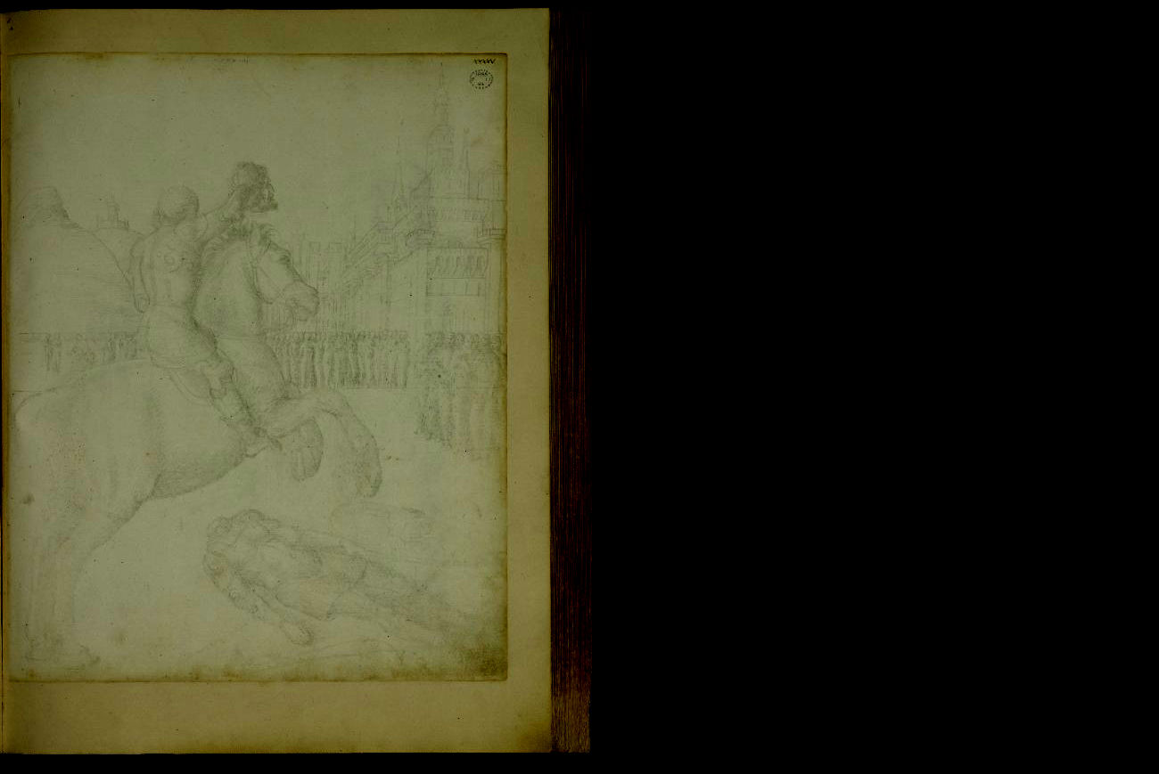 David mounted on horseback holding up the head of Goliath to a crowd gathered outside the walls of Jerusalem, British Museum 45r (digitally enhanced to make the details more visible)