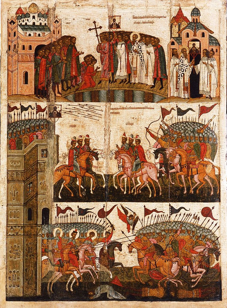 Battle between Novgorod and Suzdal in 1170 with the depiction of Saint George and other warrior saints in the bottom tier, second half of the 15th century, Novgorod, Russia