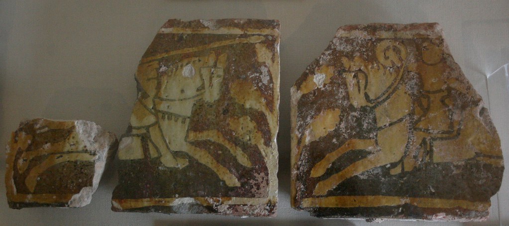 Inlaid tiles showing the battle of Richard I and Saladin, cr. 1250-70, Cleeve Abbey, Somerset, U.K