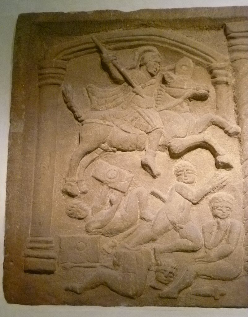 Detail of a legionary tablet called Bridgeness slab showing a Roman mounted auxiliary trampling conquered Picts, cr. 142 AD, Roman