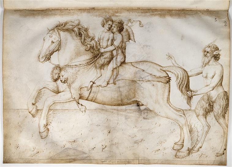 Cupid carries a young satyr on the magic horse Pegasus, Jacopo Bellini, Louvre 39r