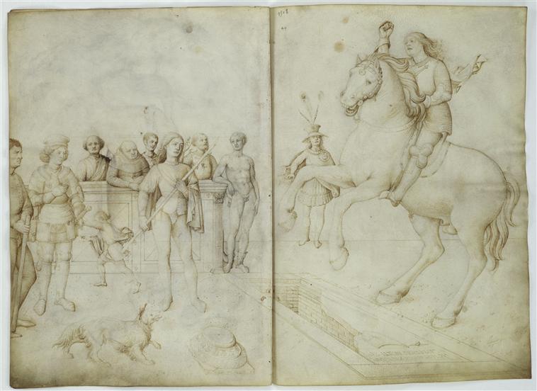 Nine characters; a rider and a horse jump over a tomb, Jacopo Bellini, Louvre 39v+40r