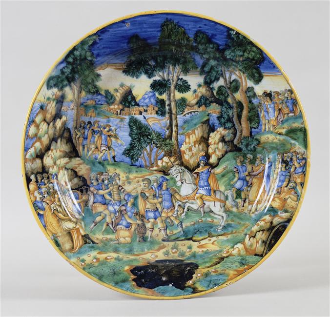 Maiolica plate showing Marcus Curtius leaping into the abyss, cr. 1550, Urbino